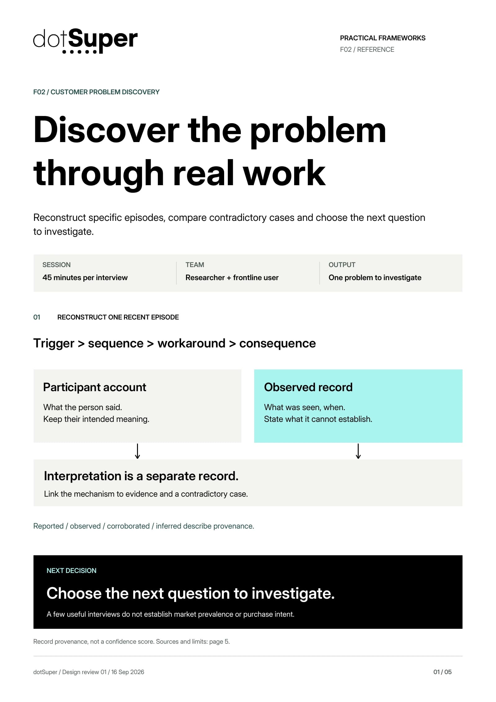 Customer Problem Discovery. Reconstruct the trigger, sequence, workaround and consequence of a recent episode. Keep participant accounts and observed records separate, state what each establishes, then link the interpretation to evidence and a contradictory case. Reported, observed, corroborated and inferred describe provenance. Choose the next question without treating a small interview set as market prevalence or purchase intent.