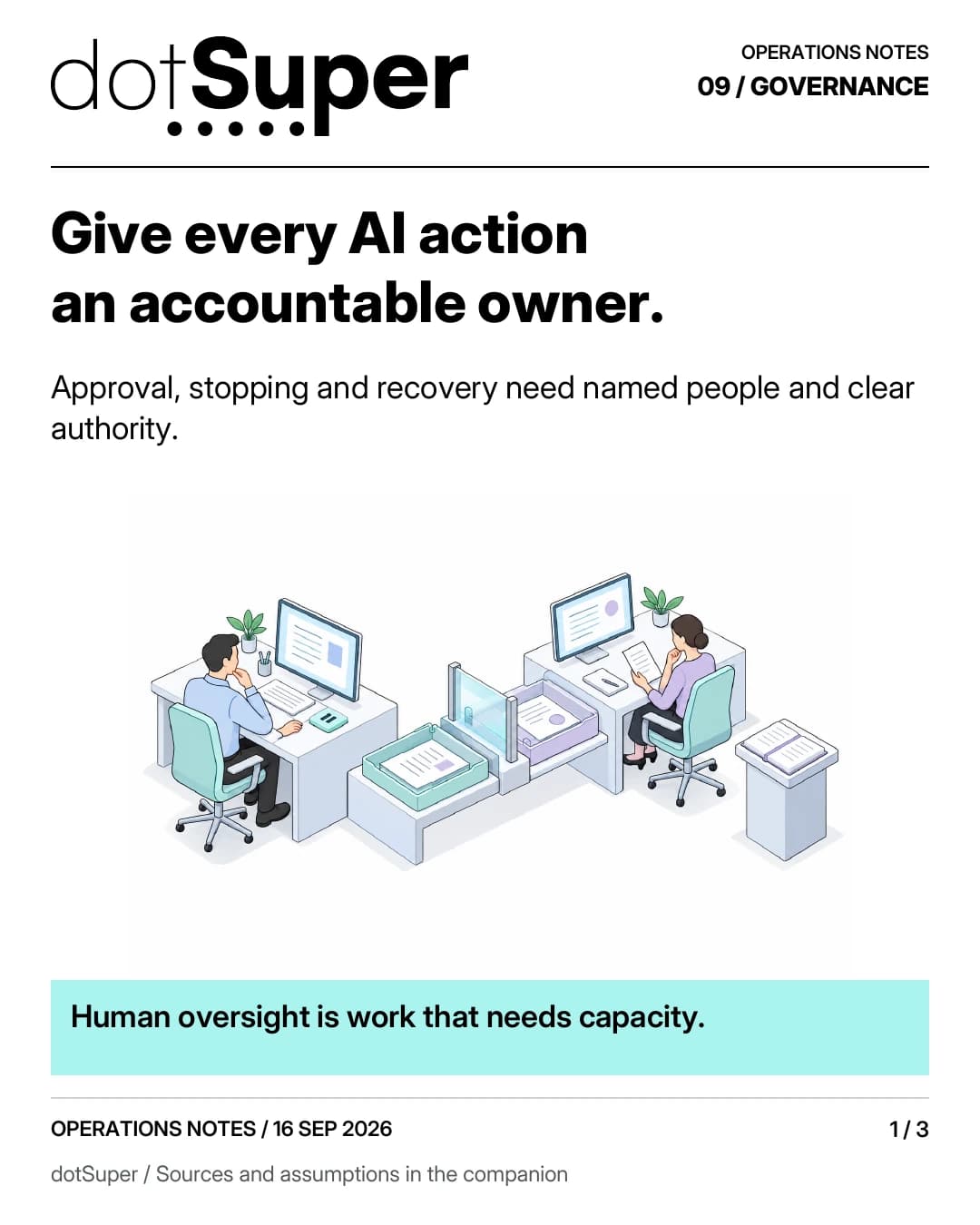 Give every AI action an accountable owner. Approval, stopping and recovery need named people and clear authority. Human oversight is work that needs capacity.