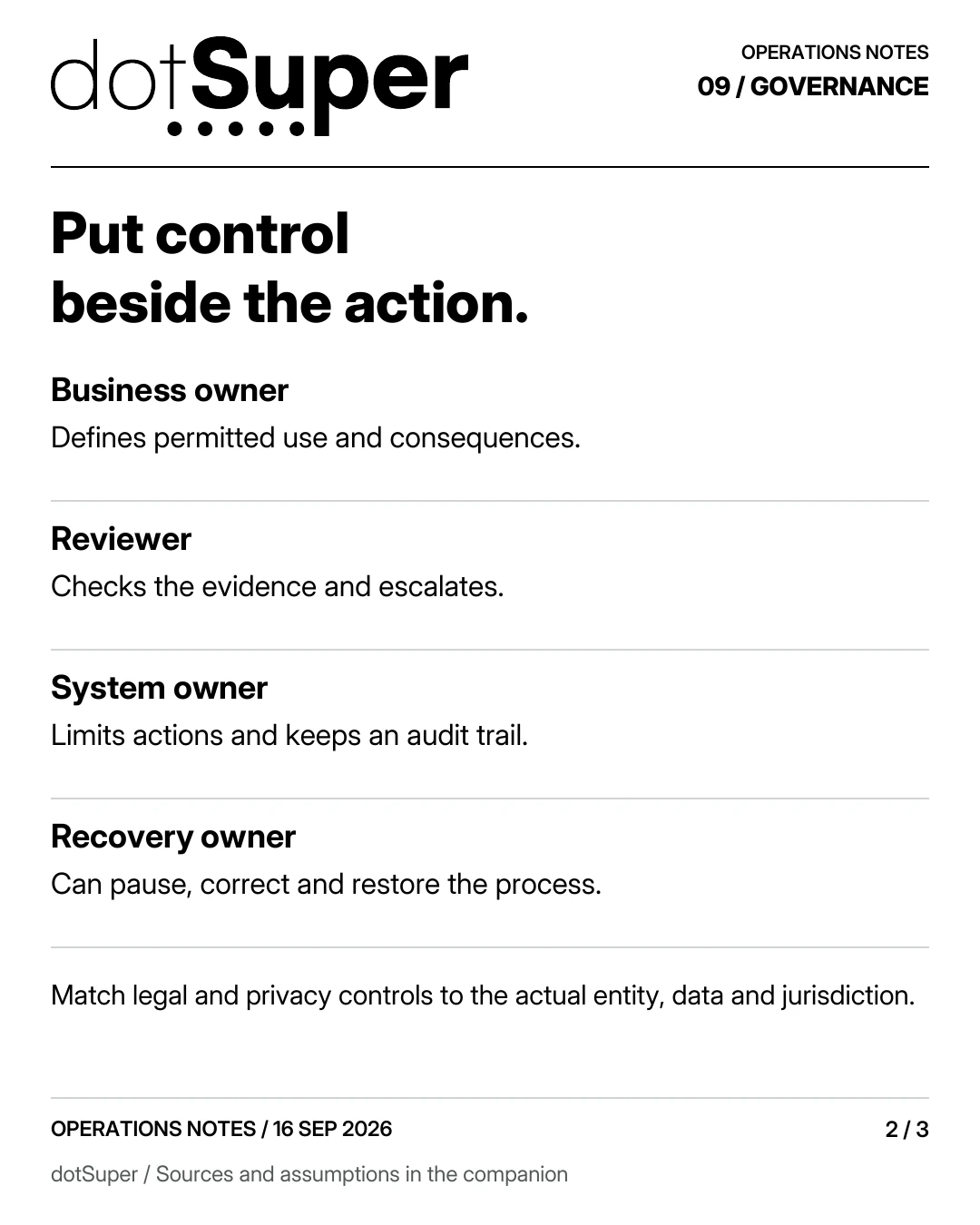 Put control beside the action. Business owner / Defines permitted use and consequences. Reviewer / Checks the evidence and escalates. System owner / Limits actions and keeps an audit trail. Recovery owner / Can pause, correct and restore the process. Match legal and privacy controls to the actual entity, data and jurisdiction.