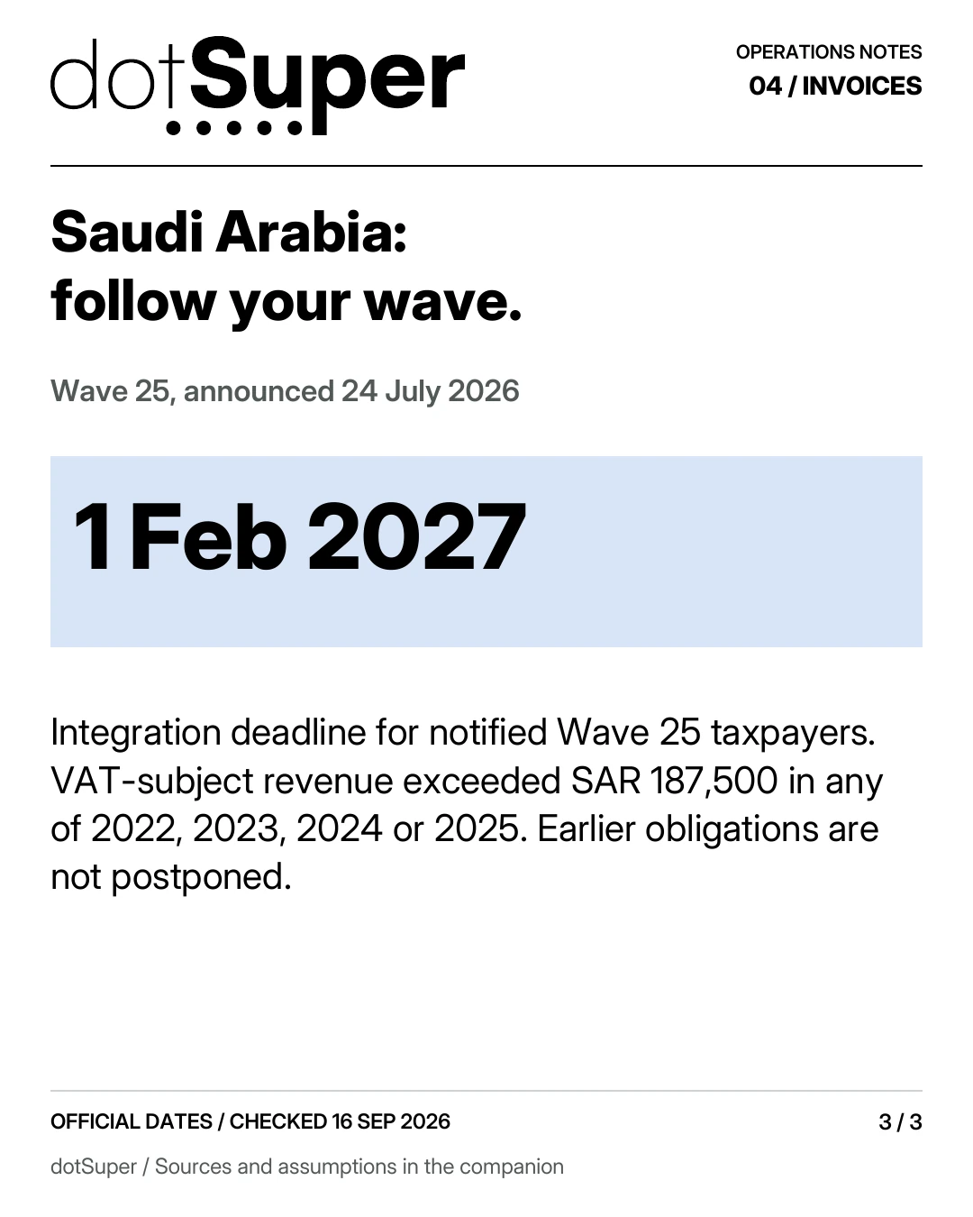 Saudi Arabia: follow your wave. Wave 25, announced 24 July 2026 1 Feb 2027 Integration deadline for notified Wave 25 taxpayers. VAT-subject revenue exceeded SAR 187,500 in any of 2022, 2023, 2024 or 2025. Earlier obligations are not postponed.