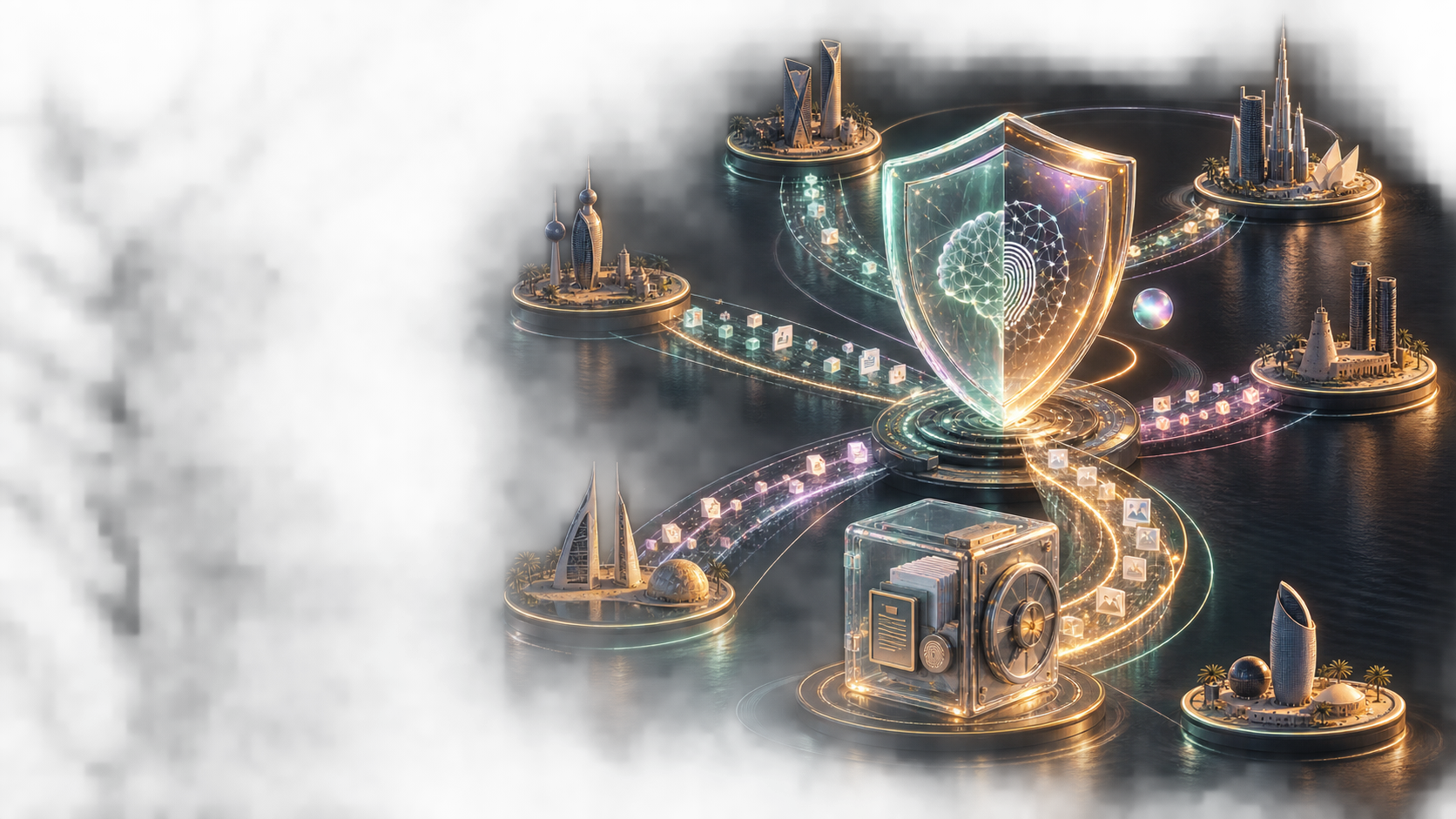 Editorial illustration of six connected Gulf cyber-evidence nodes converging on a secure shield and evidence vault