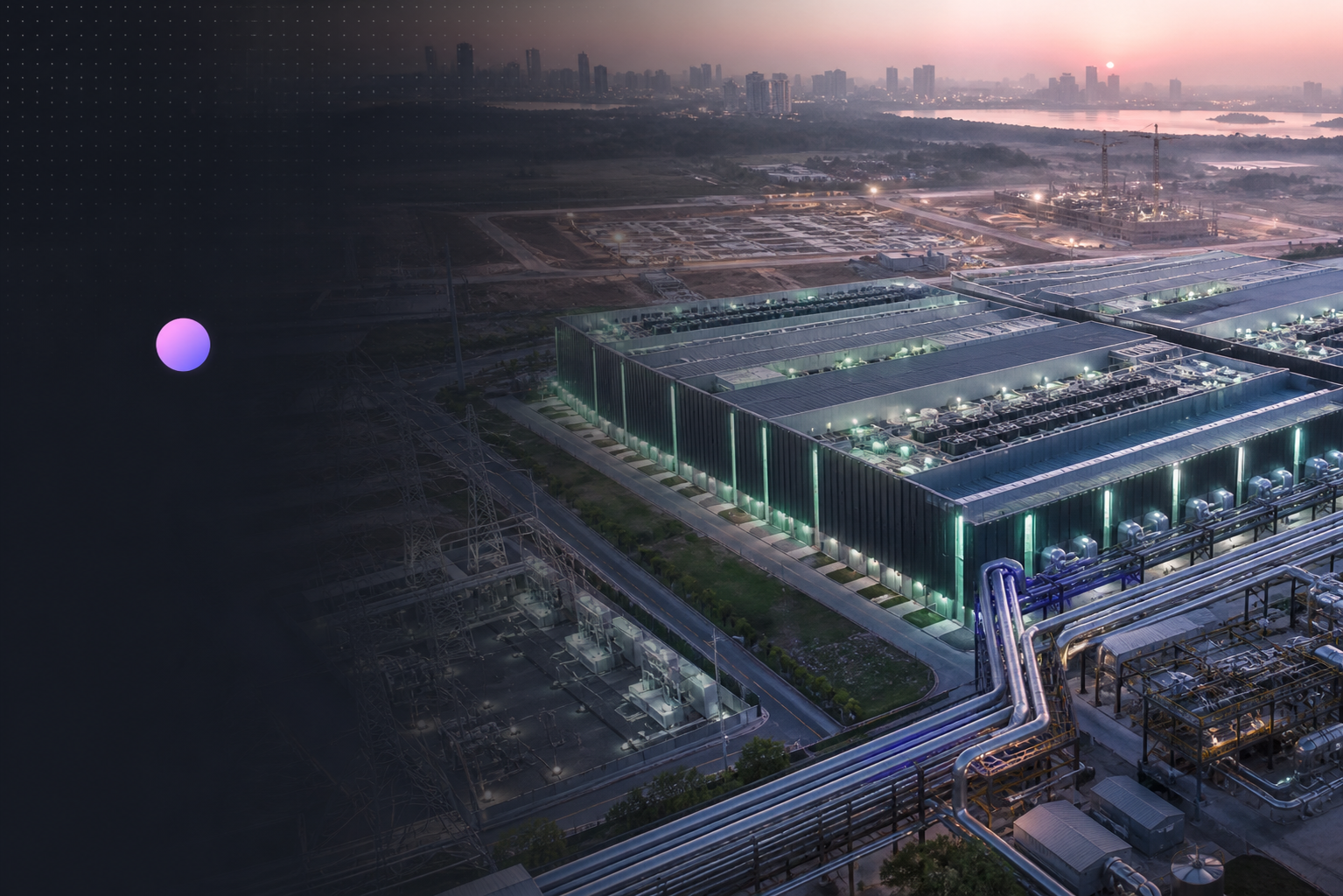 Editorial aerial view of a phased AI data-centre campus with power and liquid-cooling infrastructure